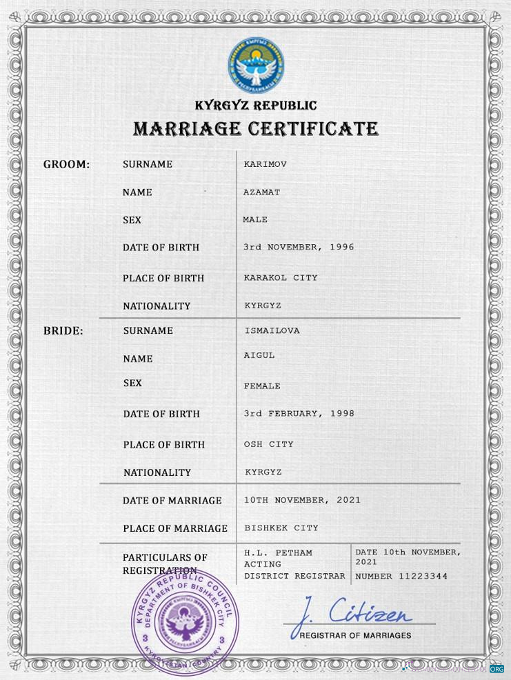 Download Kyrgyzstan marriage certificate PSD template Photoshop template